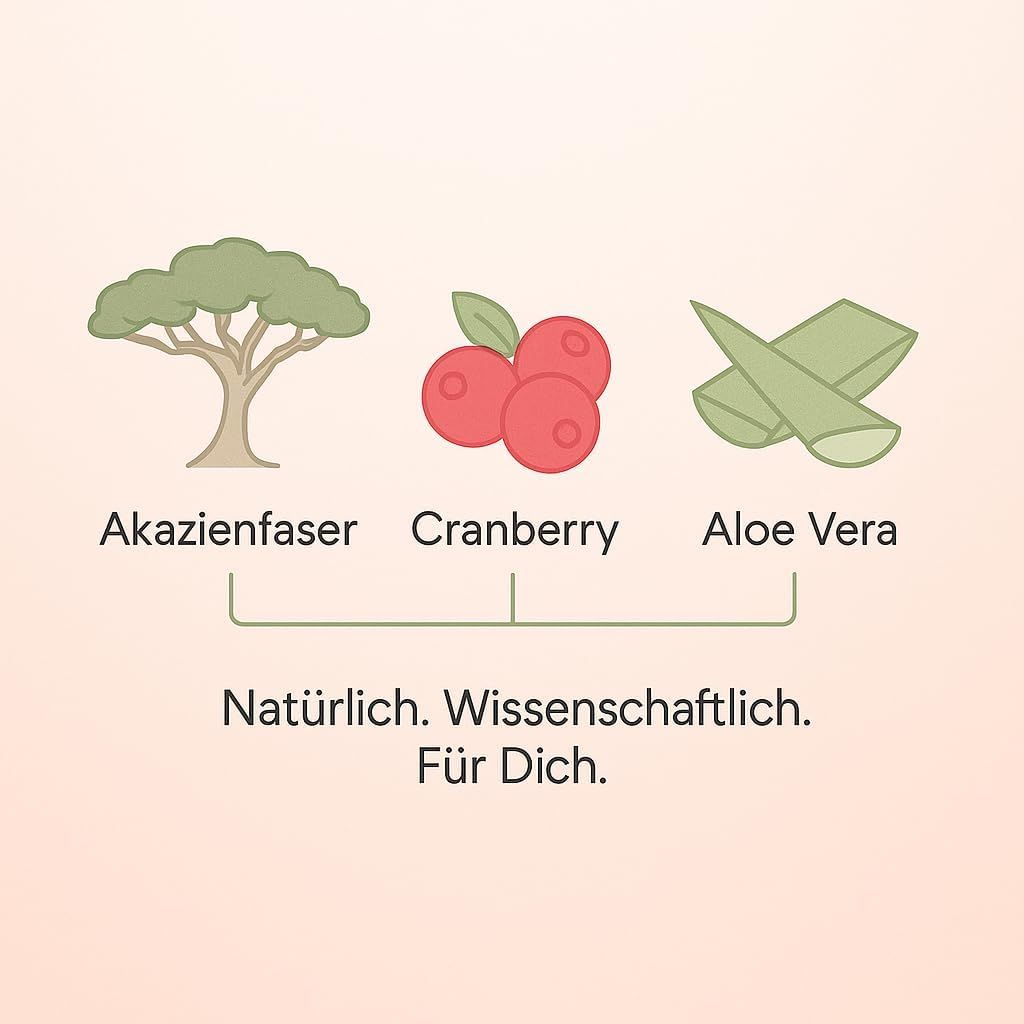 Illustration von Akazienfaser, Cranberry und Aloe Vera. Text: Natürlich. Wissenschaftlich. Für Dich.