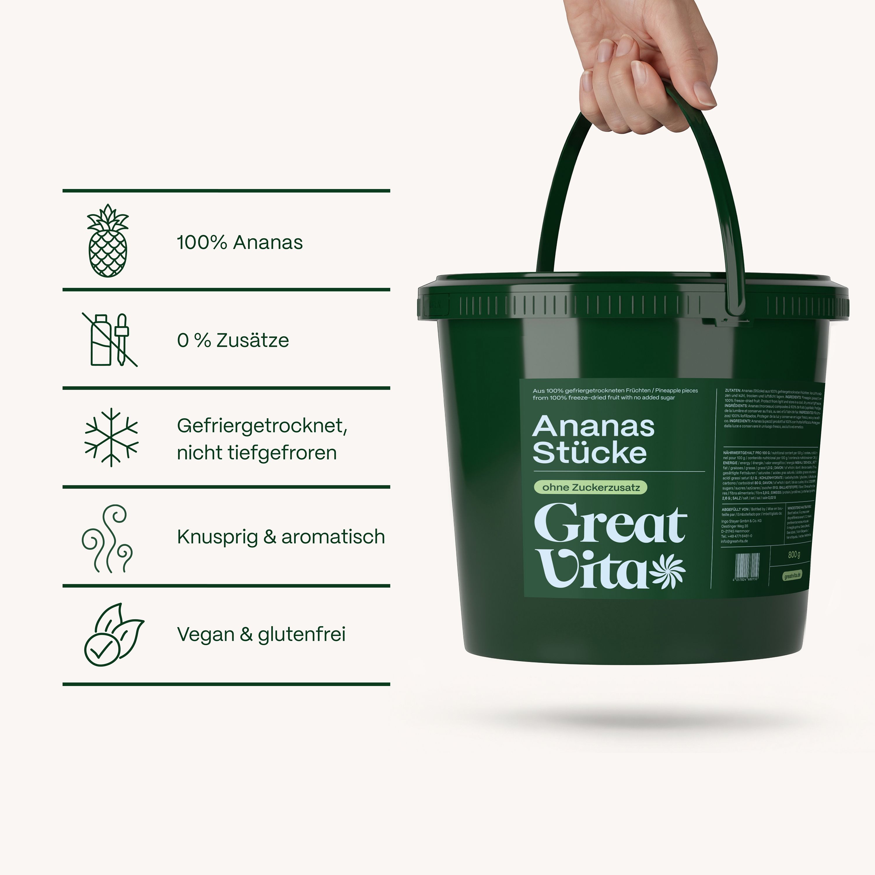 Hand hält grünen Eimer mit "Ananas Stücke" und "Great Vita". Text: 100% Ananas, 0% Zusätze, gefriergetrocknet.