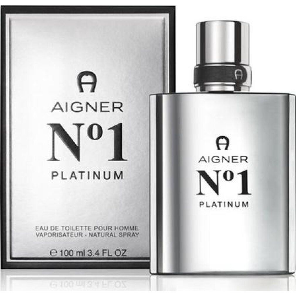 Aigner No. 1 Platinum EdT. Flakon und Verpackung. Silberfarbener Flakon und Verpackung. Schwarze Schrift.