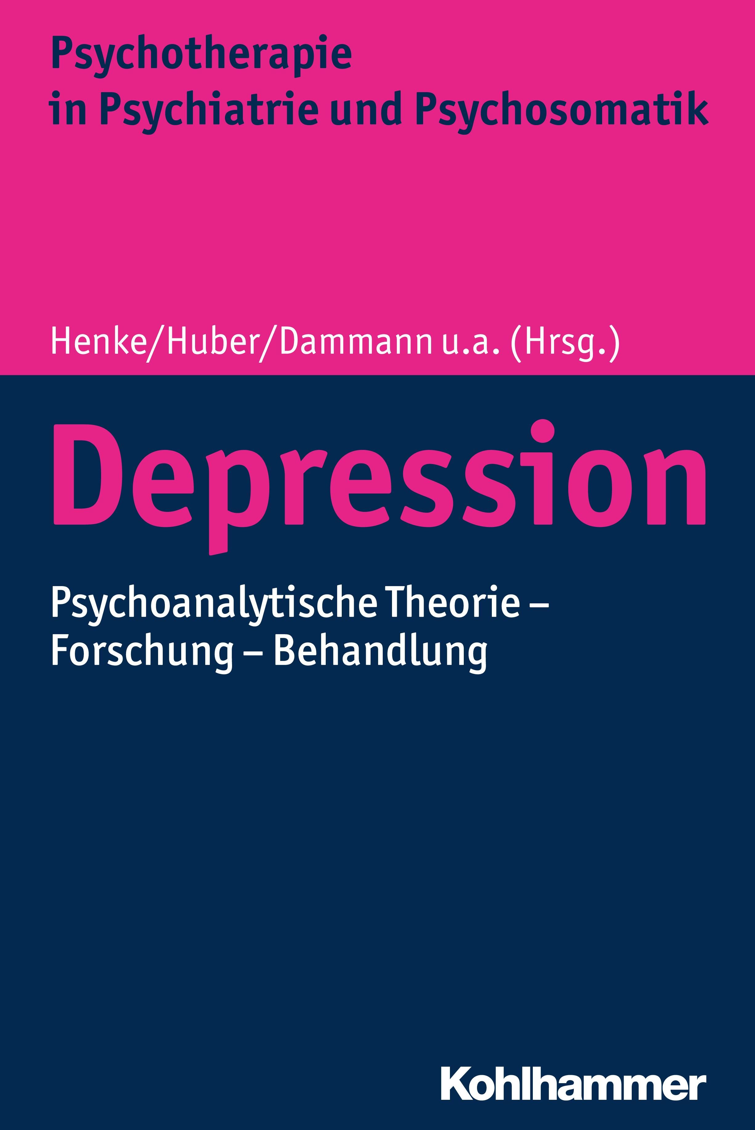 Buchcover mit dem Titel "Depression". Autor: Henke/Huber/Dammann u.a. (Hrsg.). Verlag: Kohlhammer. Titel in Pink auf blauem Hintergrund.