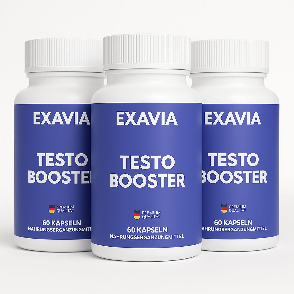 Drei weiße Flaschen mit blauen Etiketten. Auf den Etiketten steht "EXAVIA TESTO BOOSTER" und "60 Kapseln".