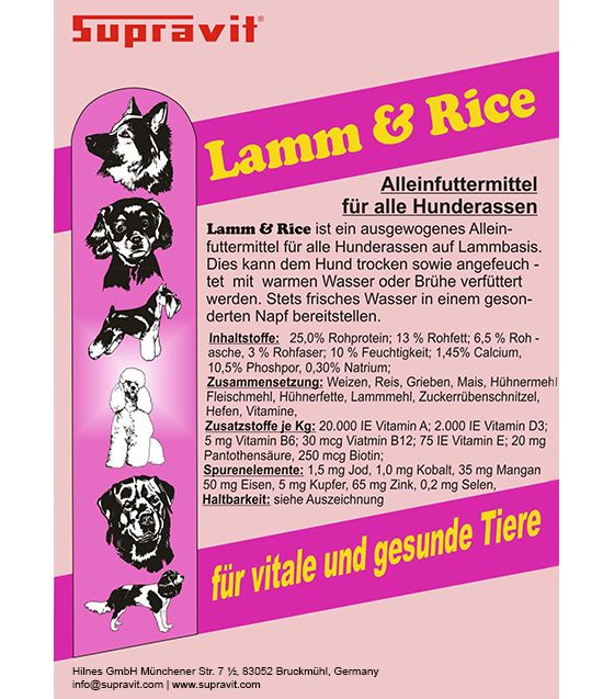 Produktinformationen für Supravit Lamm & Rice. Text: Alleinfuttermittel für alle Hunderassen. Inhaltsstoffe, Zusammensetzung.