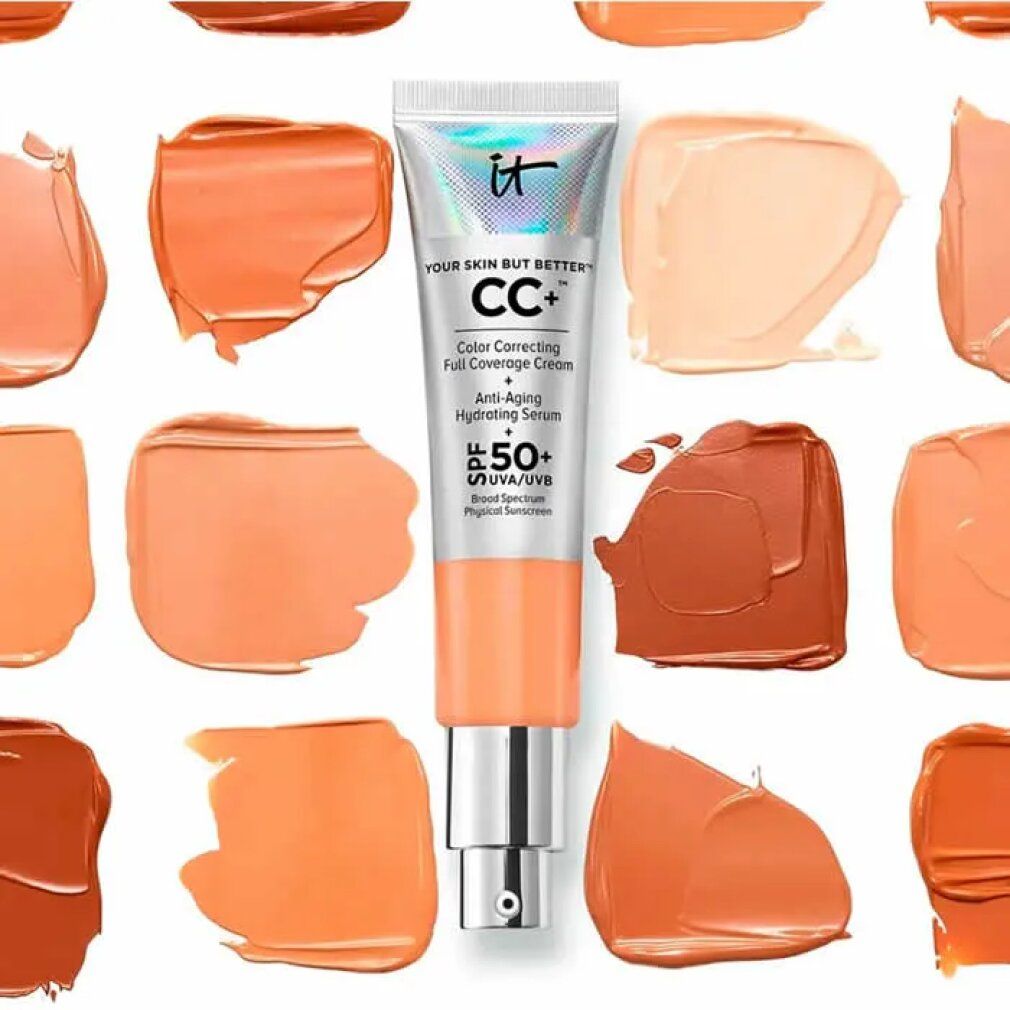 CC+ Creme von It Cosmetics, umgeben von Farbmustern. Enthält SPF 50. Text: Your Skin But Better, Color Correcting Full Coverage Cream.