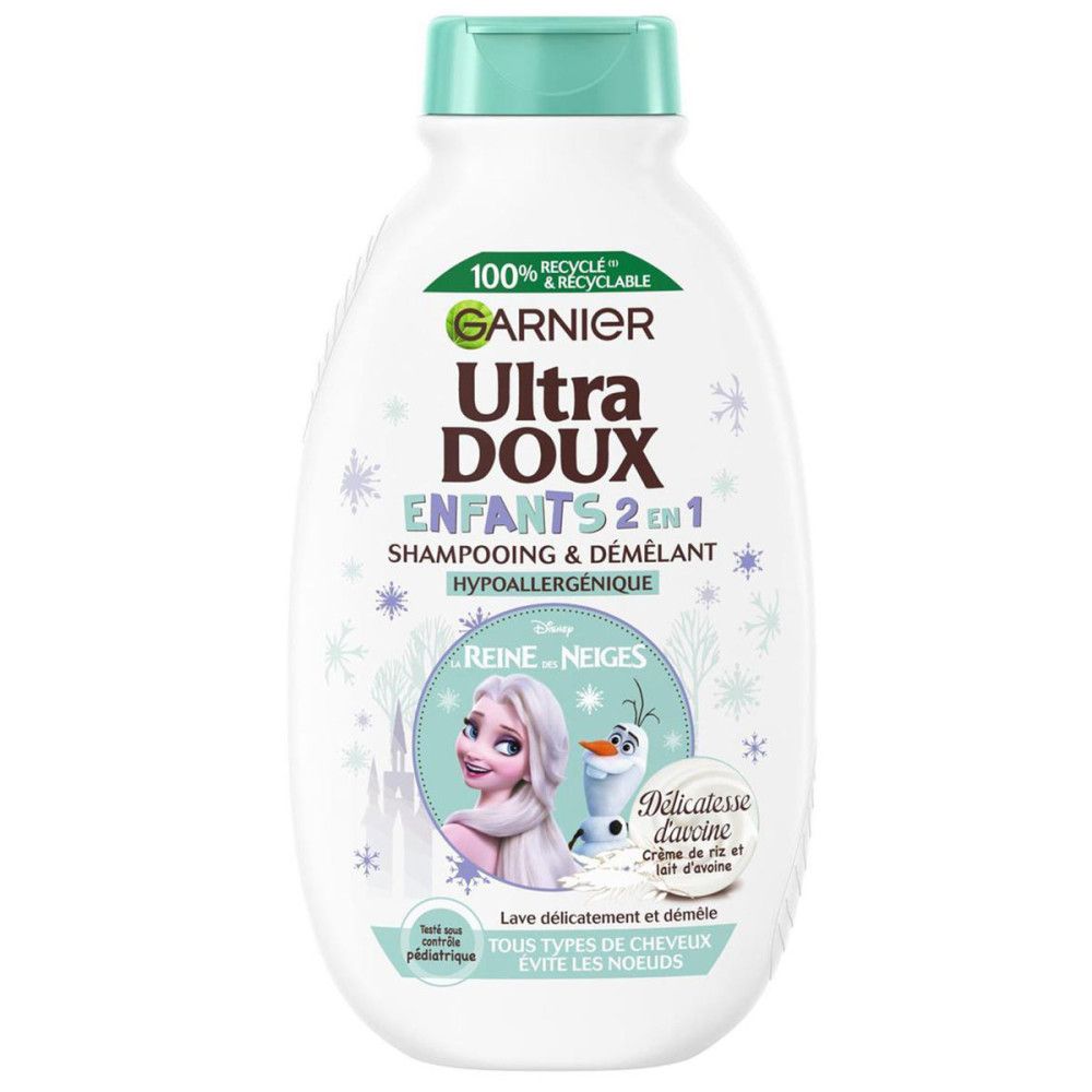 Garnier Ultra Doux Kindershampoo. Weiße Flasche mit türkis Deckel. Enthält 2-in-1 Shampoo für Kinder. Mit Disney-Motiv.