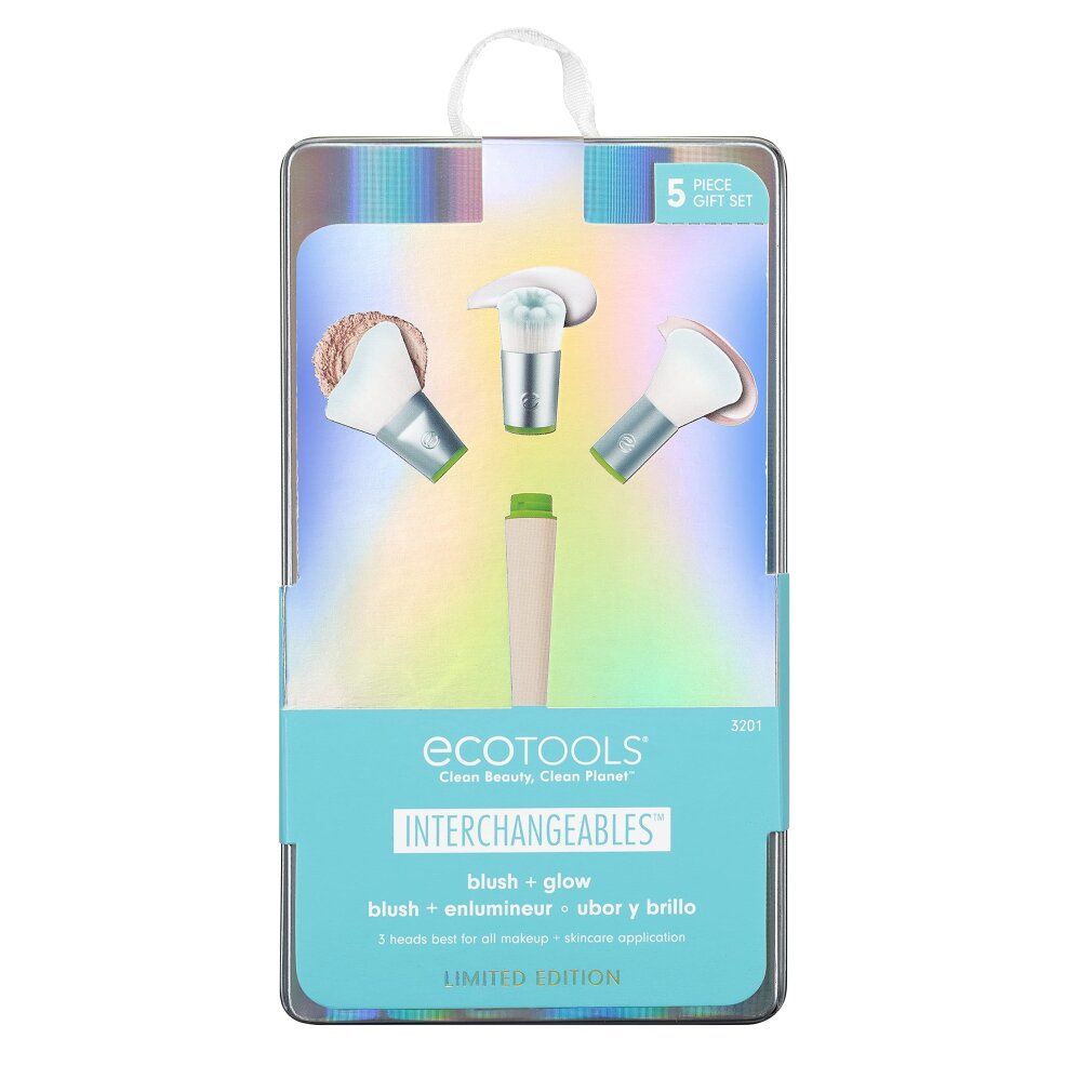 Set mit 5 austauschbaren Make-up-Pinseln in einer transparenten Verpackung. Enthält Pinsel für Rouge und Glanz. Marke Ecotools.