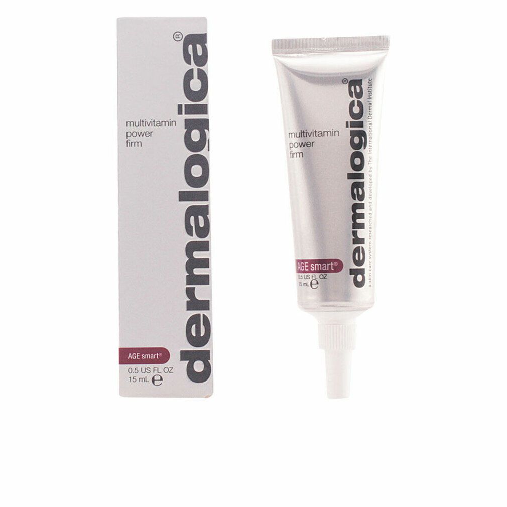 Tube und Schachtel. Tube silberfarben mit weißem Applikator. Aufschrift: Dermalogica, multivitamin power firm, AGE smart.