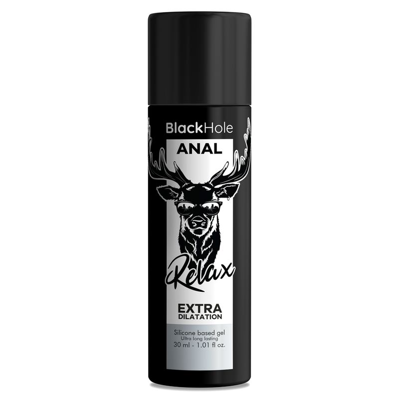 Schwarze Flasche mit BlackHole Anal Relax Extra Dilatation Gel. Enthält eine Hirsch-Grafik. Silikonbasiertes Gel, 30 ml.