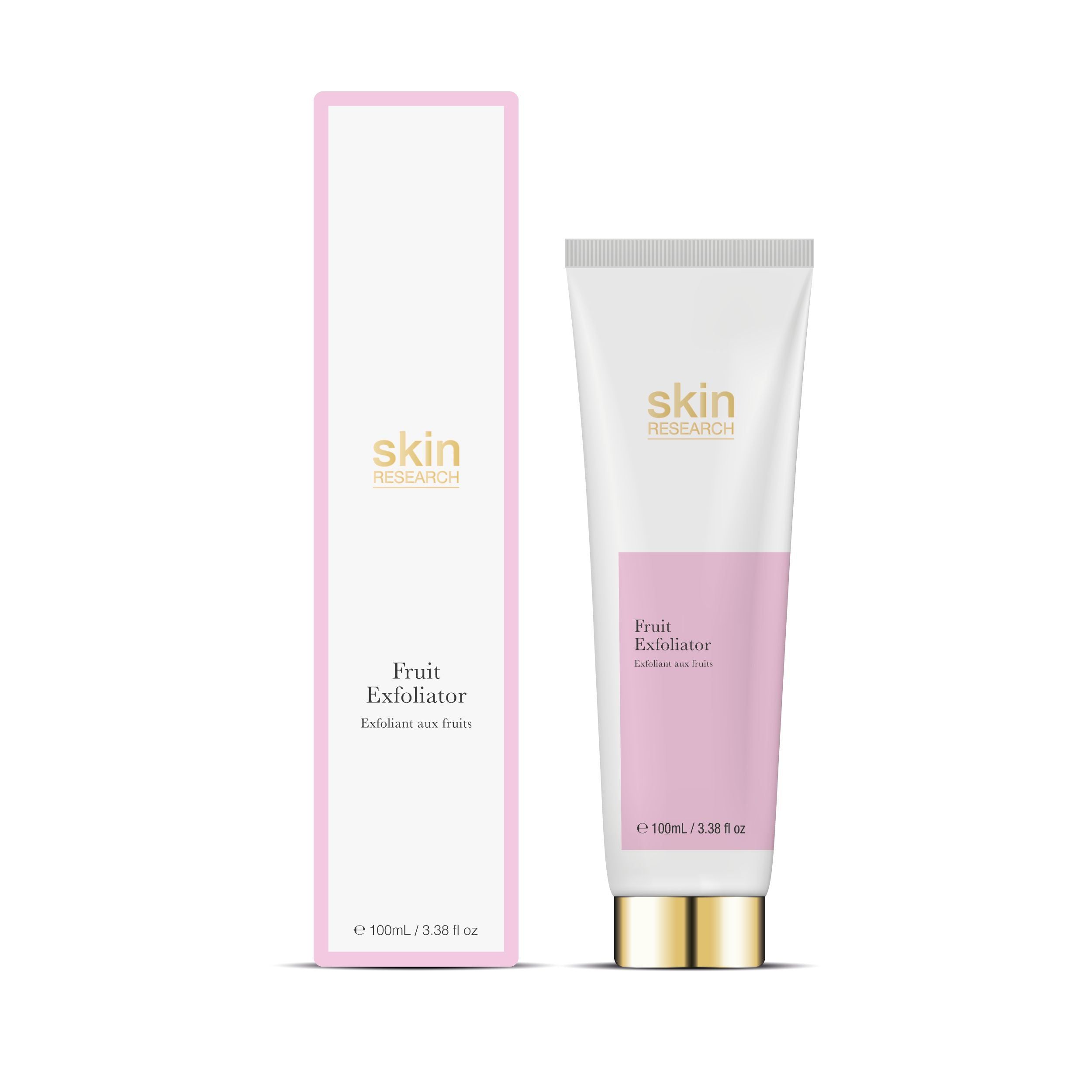 Weiße Tube mit rosa Etikett und goldfarbenem Verschluss. Daneben eine längliche Verpackung mit rosa Akzenten. Auf beiden steht "skin research".