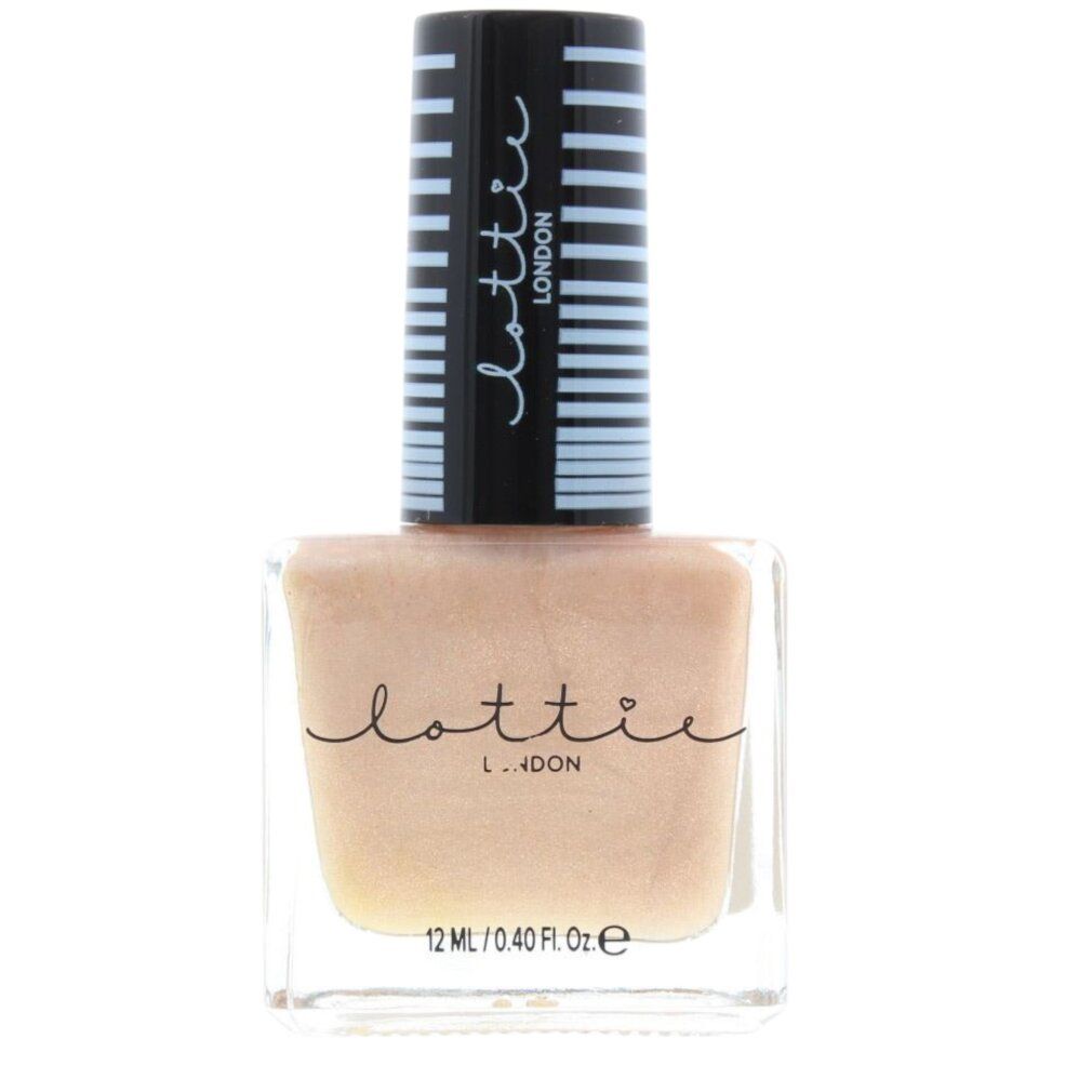 Nagellackflasche mit hellrosa Farbe. Schwarzer Deckel mit weiß gestreiften Details. Aufschrift "lottie london".