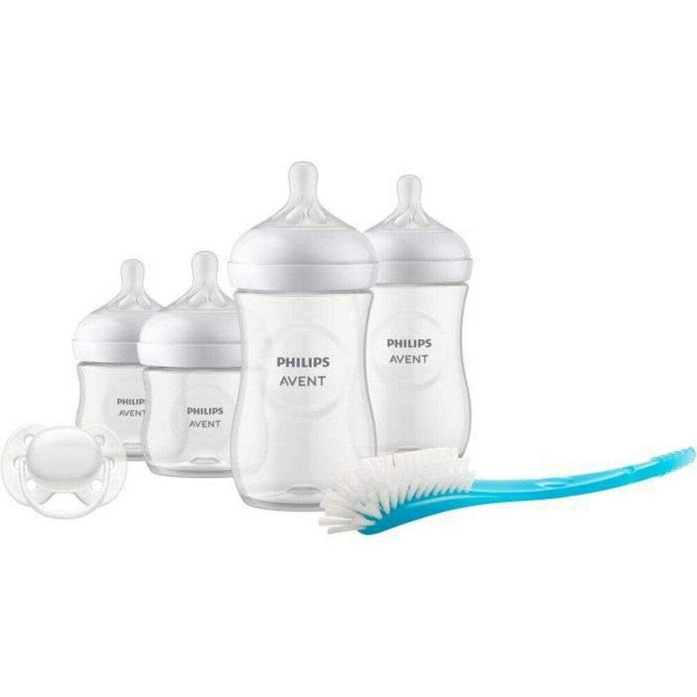 Flaschen, Schnuller und Bürste. Philips Avent Logo. Flaschen mit Flüssigkeit. Weiß und blau.