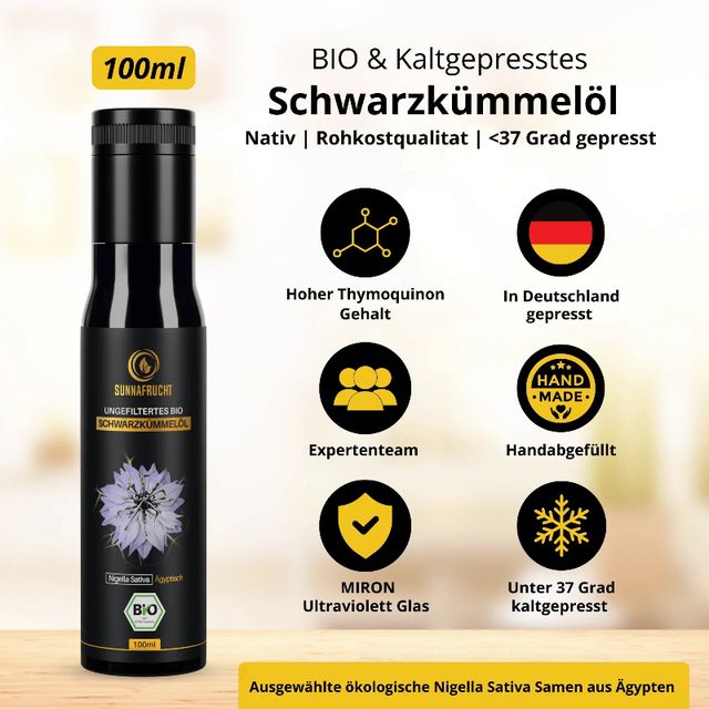 SUNNAFRUCHT® Premium Ungefiltertes BIO Schwarzkümmelöl kaltgepresst