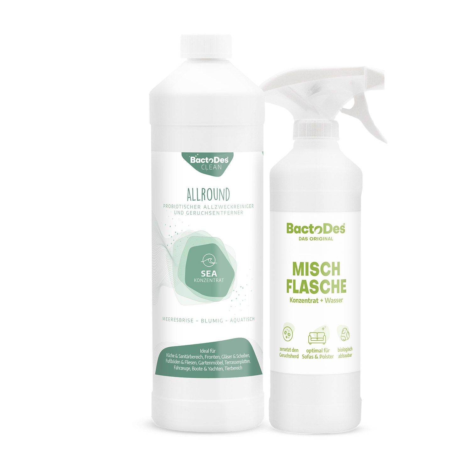 Zwei weiße Flaschen. Eine mit Sprühkopf, die andere mit Schraubverschluss. Aufschrift: BactoDes Clean Allround Sea und Mischflasche.