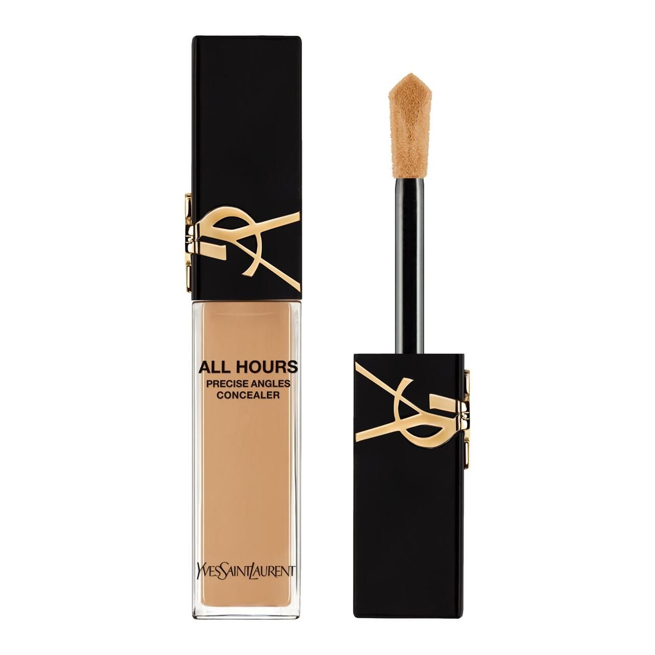 Concealer-Flakon mit schwarzem Deckel und goldenem Logo. Geöffnet, Applikator sichtbar. Produktname und Marke.