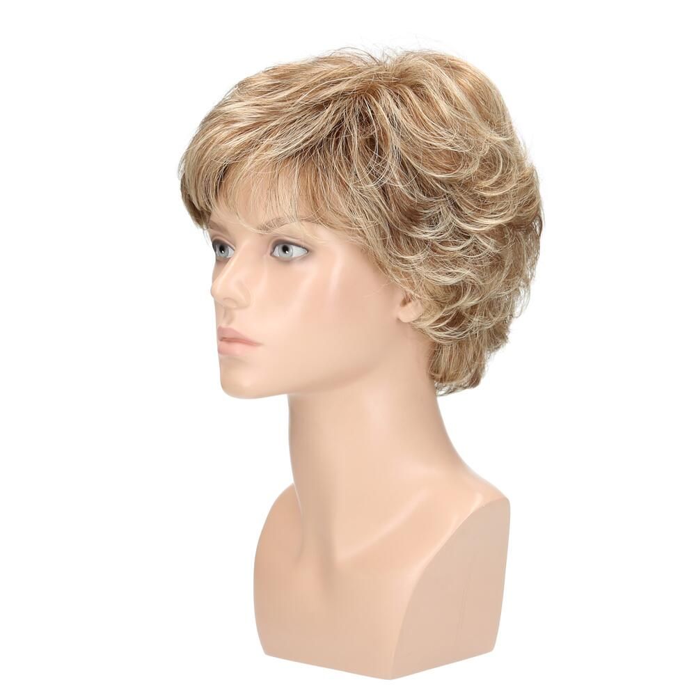 Perücke Iris von Lofty, blond-meliert, auf Büste. Seitenansicht.