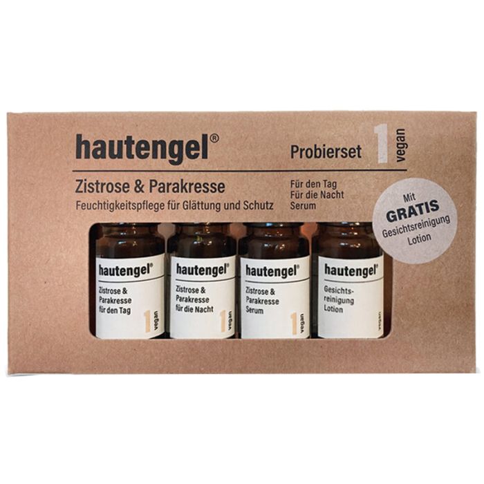 Probierset Hautengel mit vier kleinen Flaschen in einer Pappverpackung. Aufschrift: Zistrose & Parakresse. Mit Gratis Gesichtsreinigung Lotion.