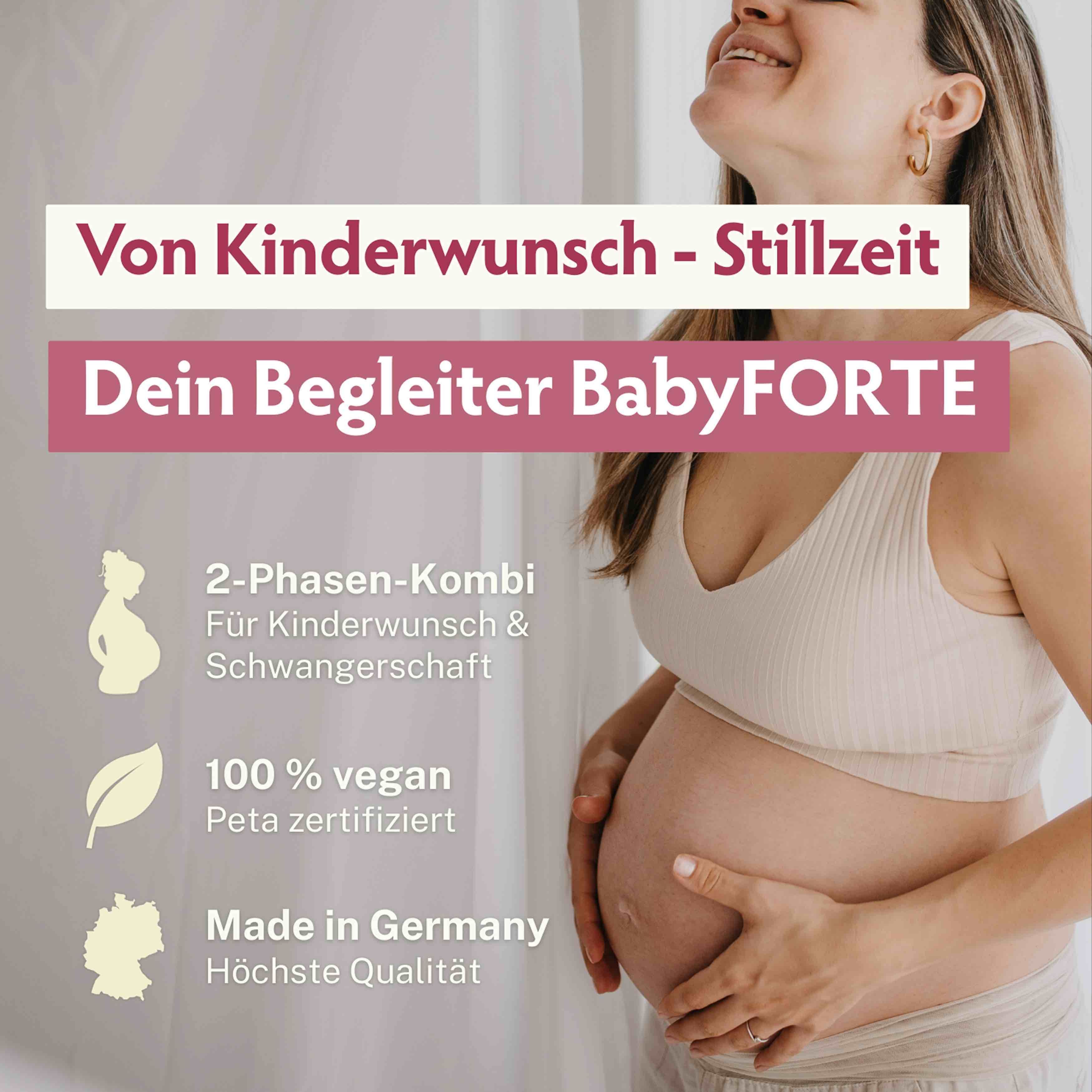 Text: Dein Begleiter BabyFORTE. 2-Phasen-Kombi. 100% vegan, Peta zertifiziert. Made in Germany. Frau mit Babybauch.