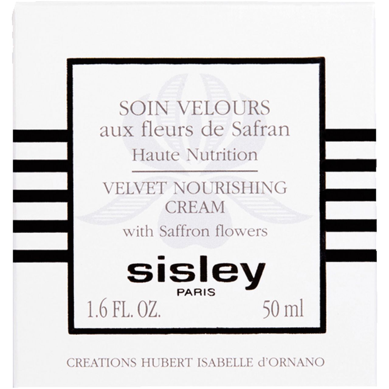 Weiße quadratische Verpackung mit schwarzem Rahmen. Aufschrift: SOIN VELOURS aux fleurs de Safran, Haute Nutrition, VELVET NOURISHING CREAM, Sisley Paris, 1.6 FL. OZ. 50 ml.