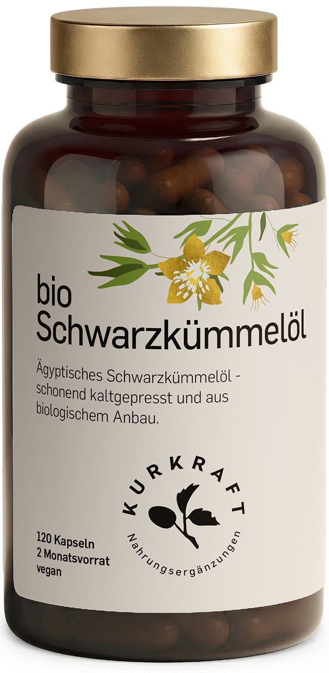 Braune Glasflasche mit Kapseln. Etikett mit Text: Bio Schwarzkümmelöl, Kurkraft Logo, 120 Kapseln, 2 Monatsvorrat, vegan.