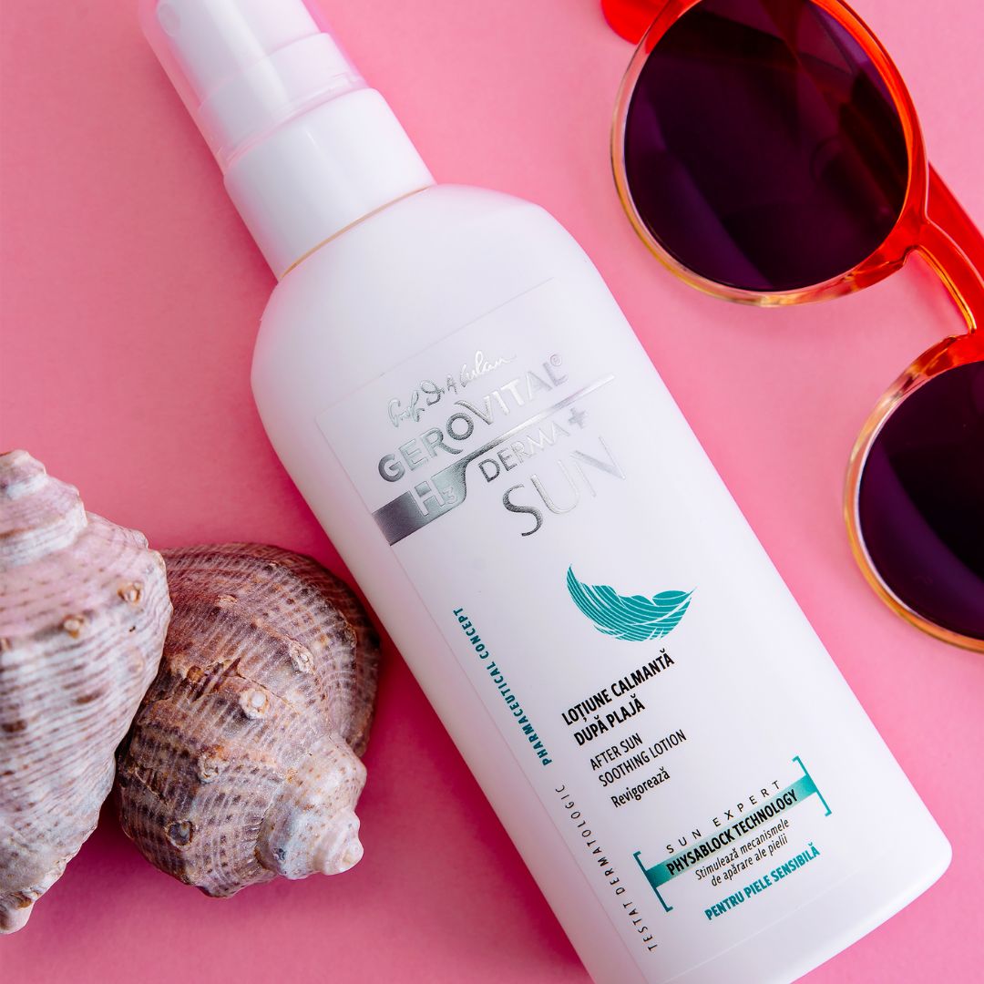 Weiße Flasche mit Sprühkopf und Sonnenbrille. Aufschrift: Gerovital H3 Derma+ Sun. Text: After Sun Soothing Lotion.