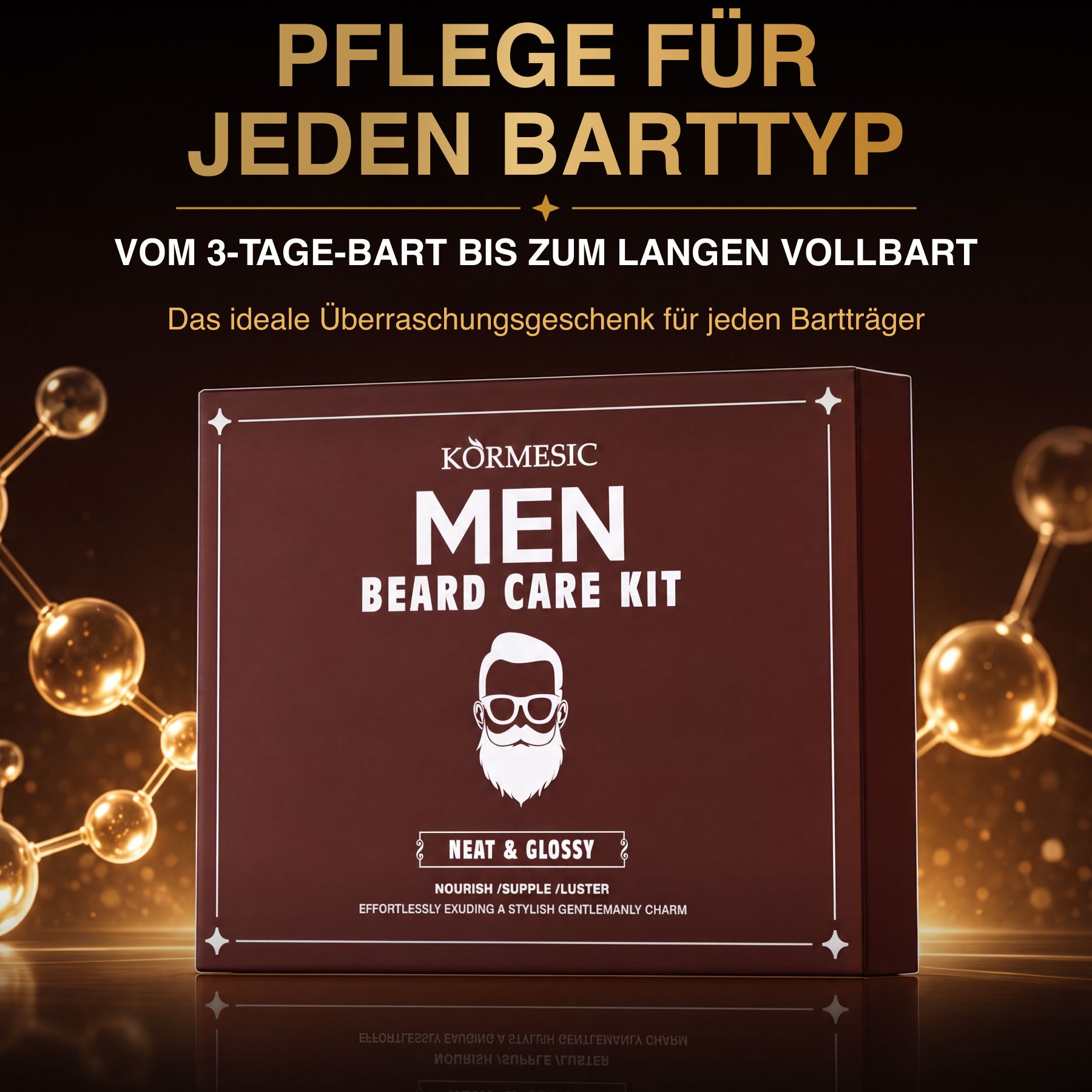 Box "Kormesic Men Beard Care Kit" mit stilisiertem Bartträger-Logo.