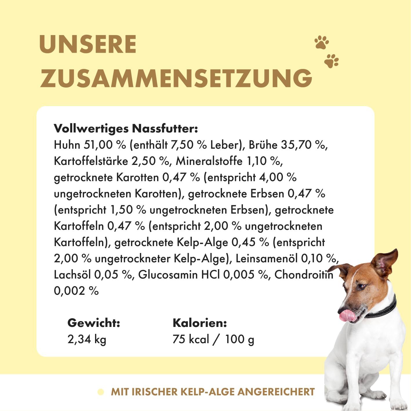 Zusammensetzung von Vollwertigem Nassfutter mit Huhn, Leber, Gemüse und Kelp-Alge.
