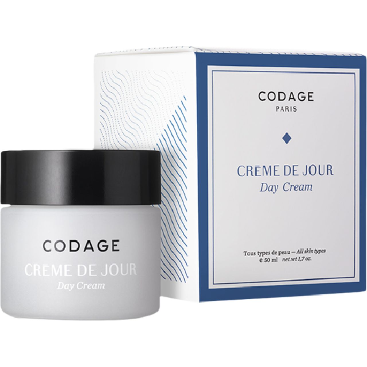 Creme-Tiegel und Schachtel. Aufschrift: Codage, Crème de Jour, Day Cream. Blaue und weiße Verpackung.