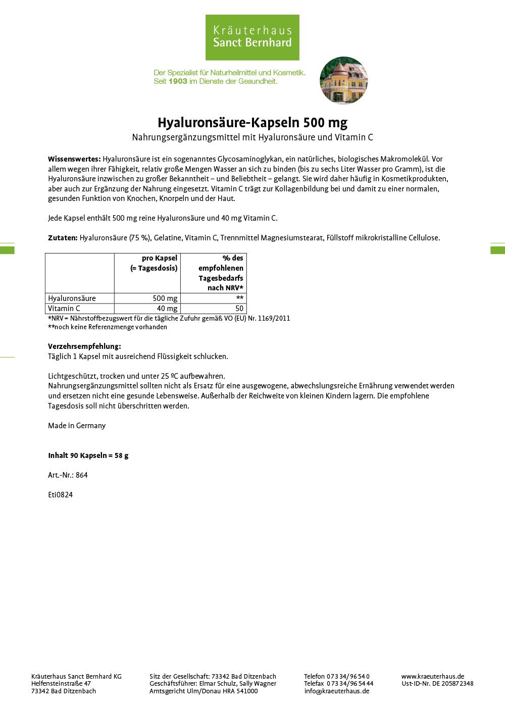 Sanct Bernhard Hyaluronsäure-Kapseln 500 mg