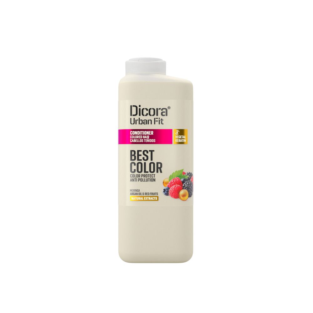 Beige Flasche mit weißem Deckel. Aufschrift: Dicora Urban Fit, Conditioner für coloriertes Haar, Best Color. Abbildung von Beeren.