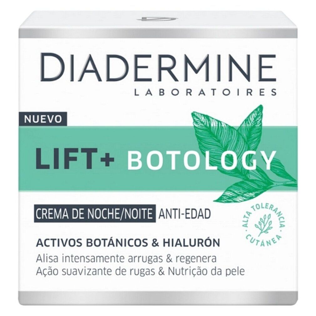 Creme-Verpackung. Diadermine Lift+ Botology Anti-Falten-Nachtcreme. Weißer Tiegel mit grünen und schwarzen Schriftzügen. Blätter-Illustration.