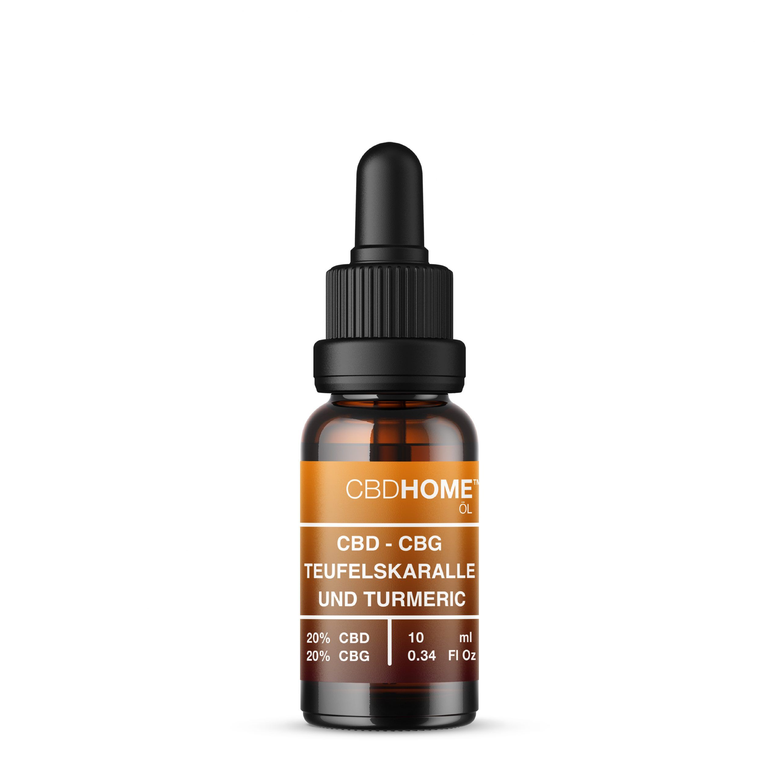 CBDHOME Ölflasche mit Pipette. Enthält 20% CBD, 20% CBG, Teufelskralle und Kurkuma.