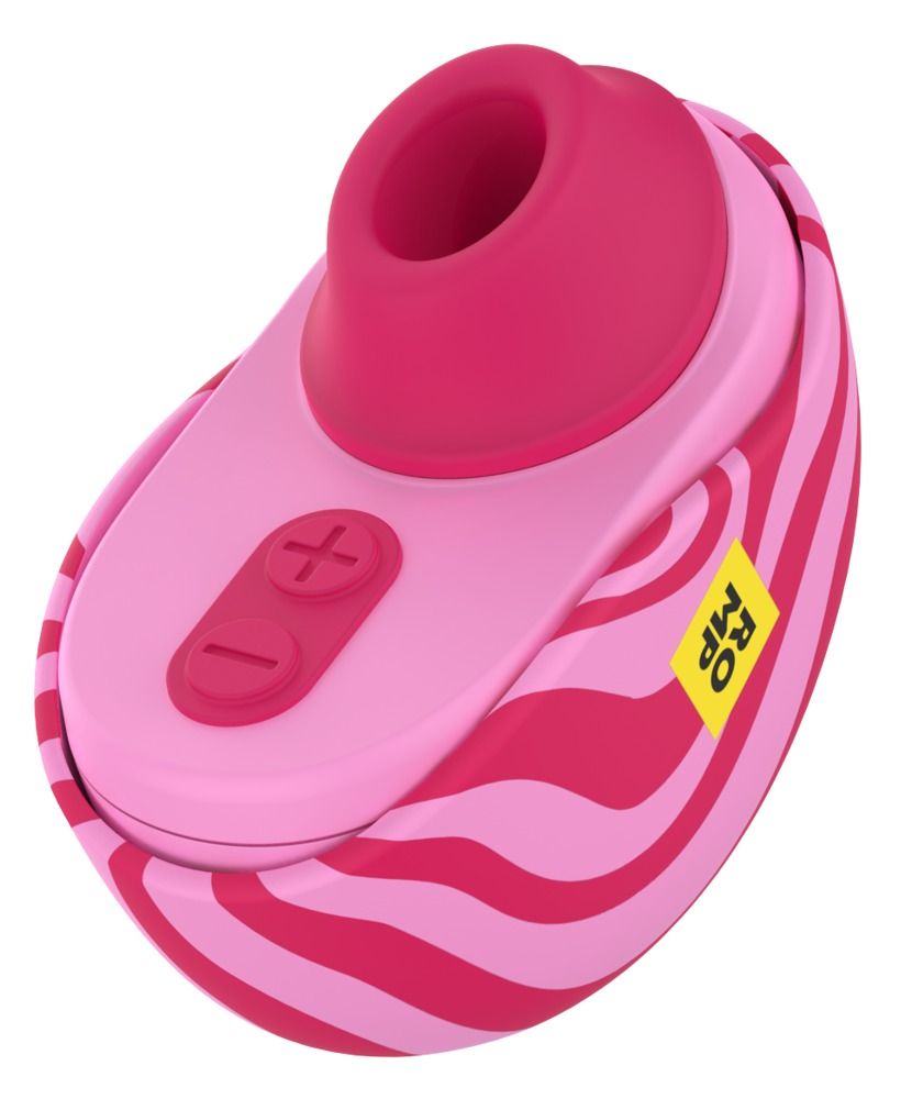 Rosa Vibrator mit pinken Streifen. Zwei Knöpfe. Gelbes ROMP Logo. Pinker Aufsatz.