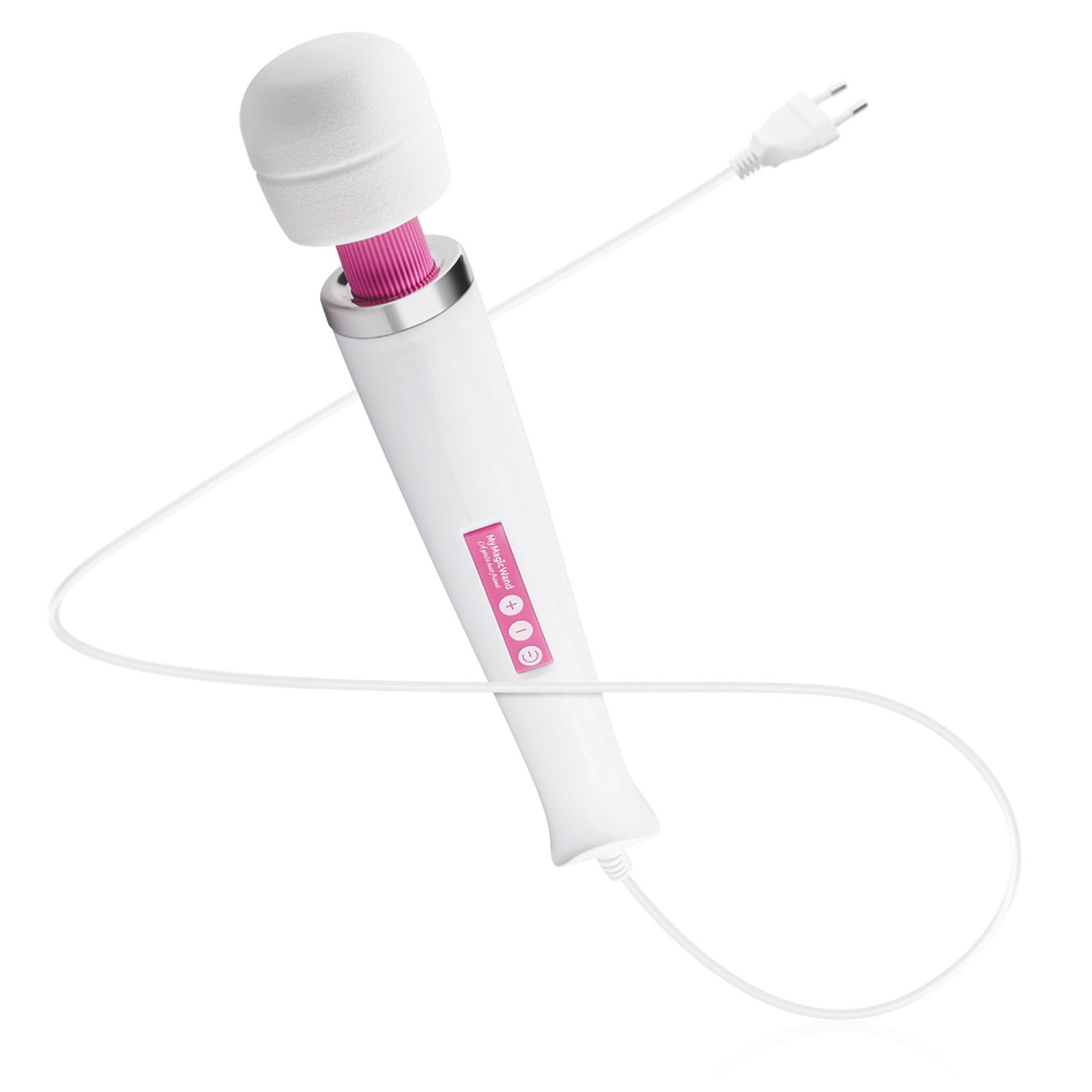 Vibratore a bacchetta bianco con dettagli rosa e cavo. Spina visibile. Parte superiore rotonda, manico allungato. Pannello comandi.