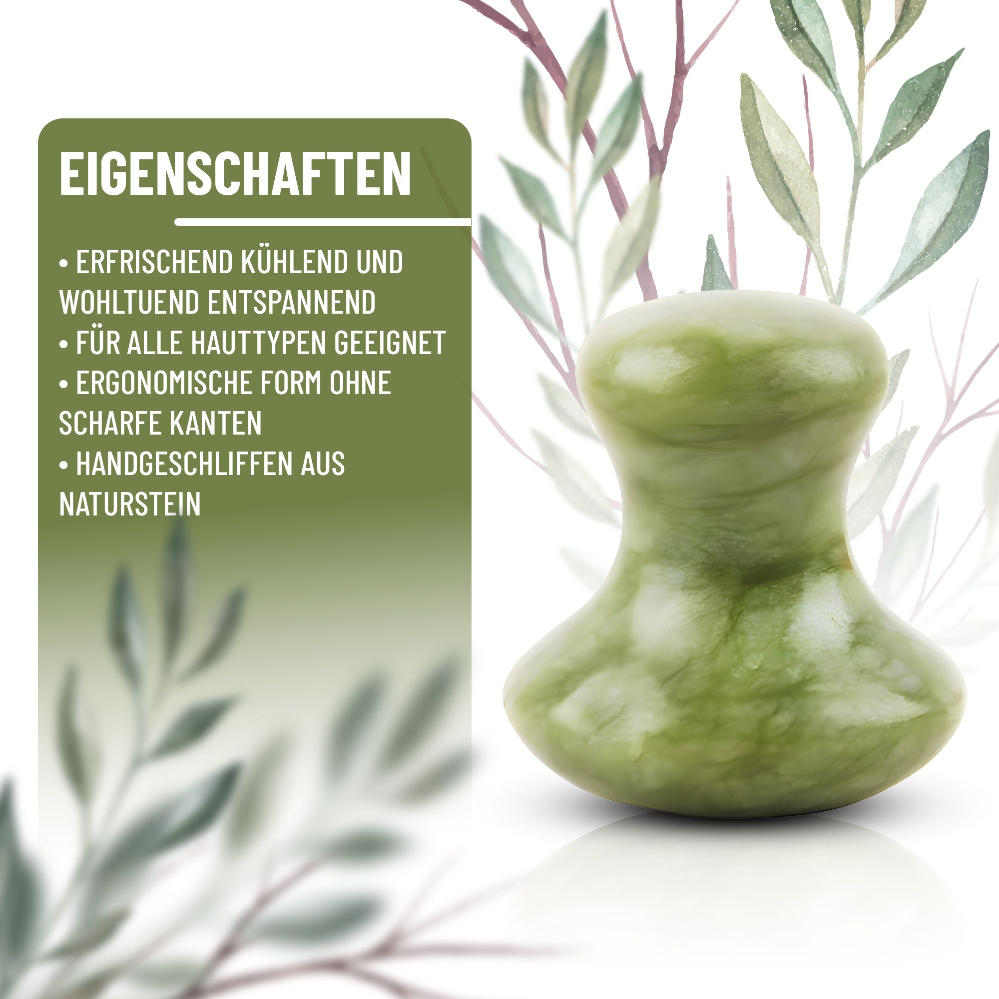 Gua Sha Stein in Pilzform neben Text. Text: Eigenschaften, erfrischend kühlend, ergonomische Form, handgeschliffen.