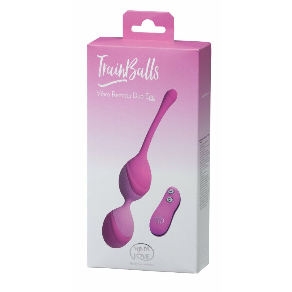Rosa Verpackung mit Produktabbildung. Aufschrift: TrainBalls, Vibro Remote Duo Egg. Unten: minds of love.