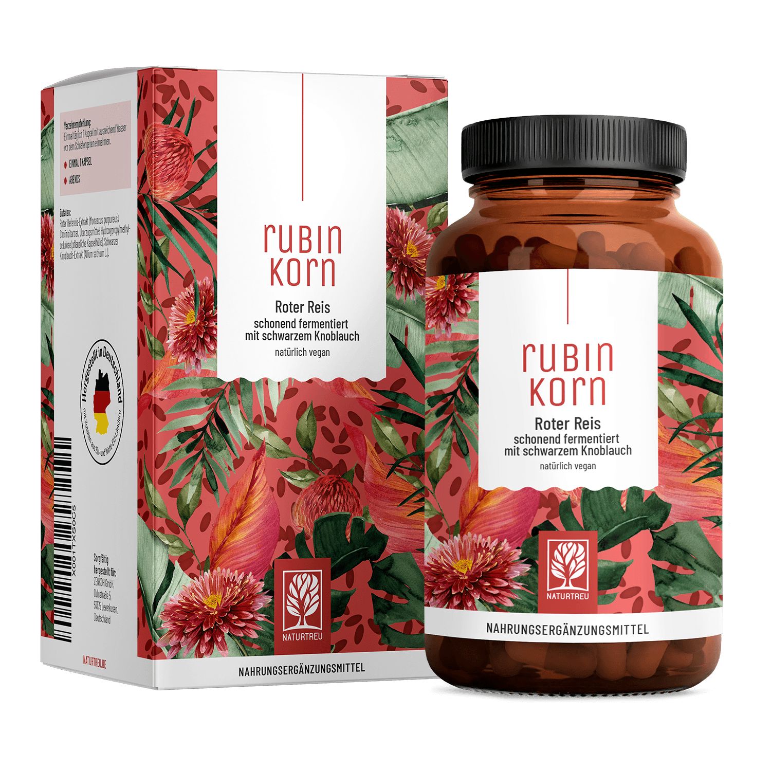 Rubinkorn Roter Reis Kapseln und Verpackung mit floralem Design.