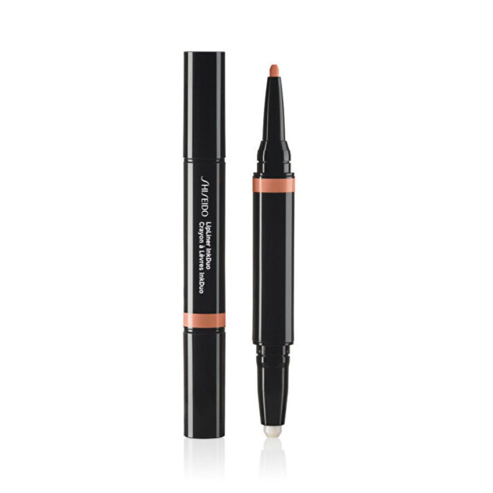 Shiseido Lip Liner Ink Duo. Schwarzer Stift, Rosewood-Farbe. Produktname und Text sichtbar.