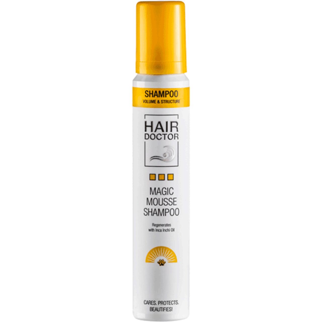 Haarschaum-Shampoo mit gelbem Deckel. Aufschrift: Hair Doctor, Magic Mousse Shampoo. Volumen & Struktur.