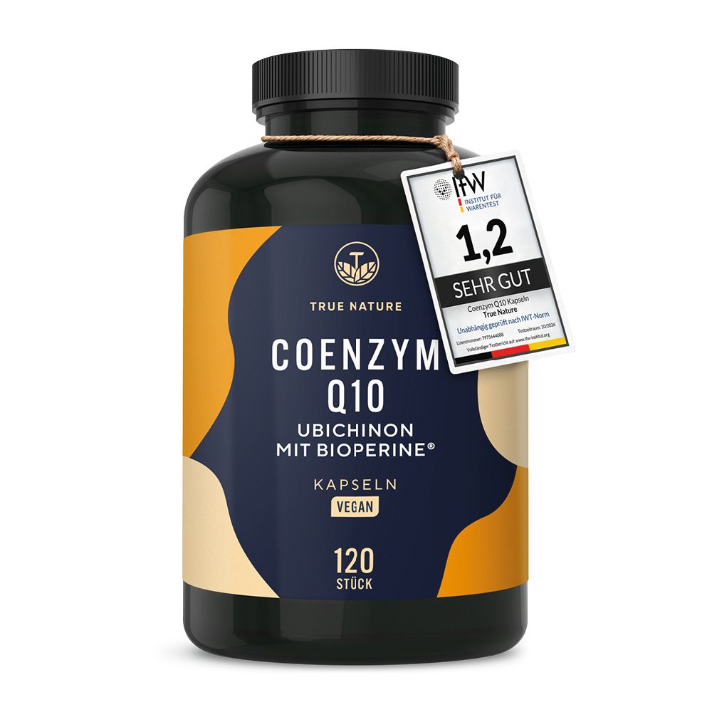 Dunkle Flasche mit Coenzym Q10 Kapseln, 120 Stück, vegan. Mit Siegel 'Sehr gut'.