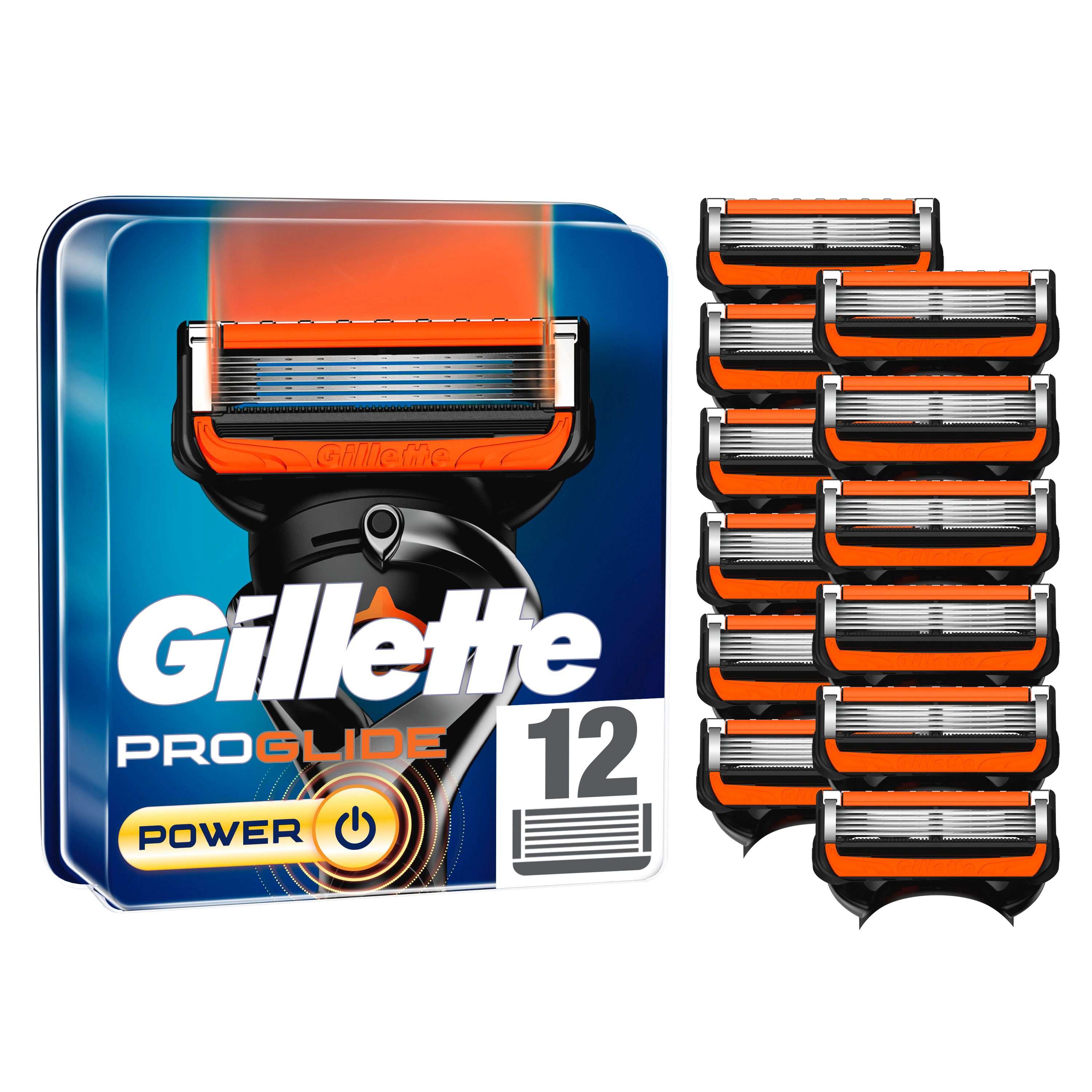 Gillette ProGlide Power Ersatzklingen. 12 Klingen in Verpackung und lose. Orange und schwarze Rasierklingen. Blaue Klingen.