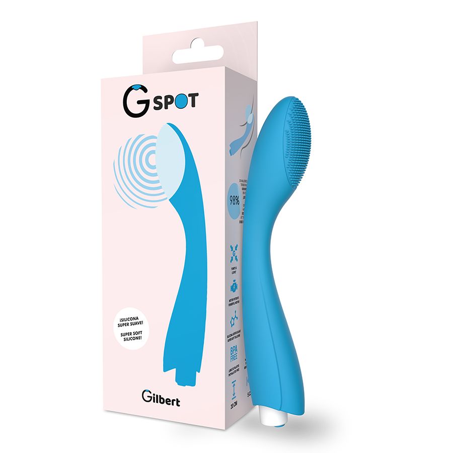 Produktverpackung mit blauem Vibrator. Marke G-Spot. Text: Super Soft Silicone. Rosa Hintergrund.