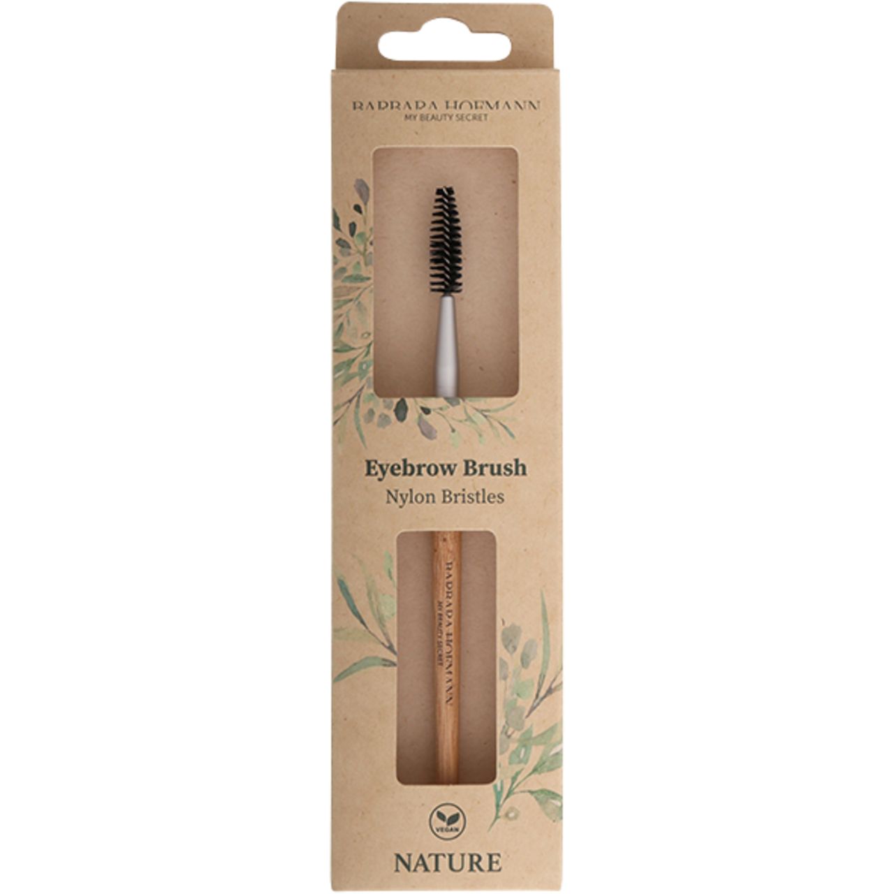 Augenbrauenbürste in Verpackung. Bambusgriff, Nylonborsten. Marke Barbara Hofmann. Natur-Zertifizierung.