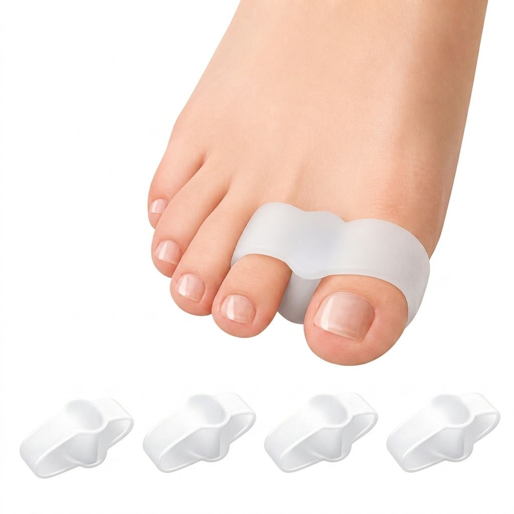 Fuß mit Zehentrenner. Vier weitere Zehentrenner liegen daneben. Weiches, flexibles Material. Weiß.