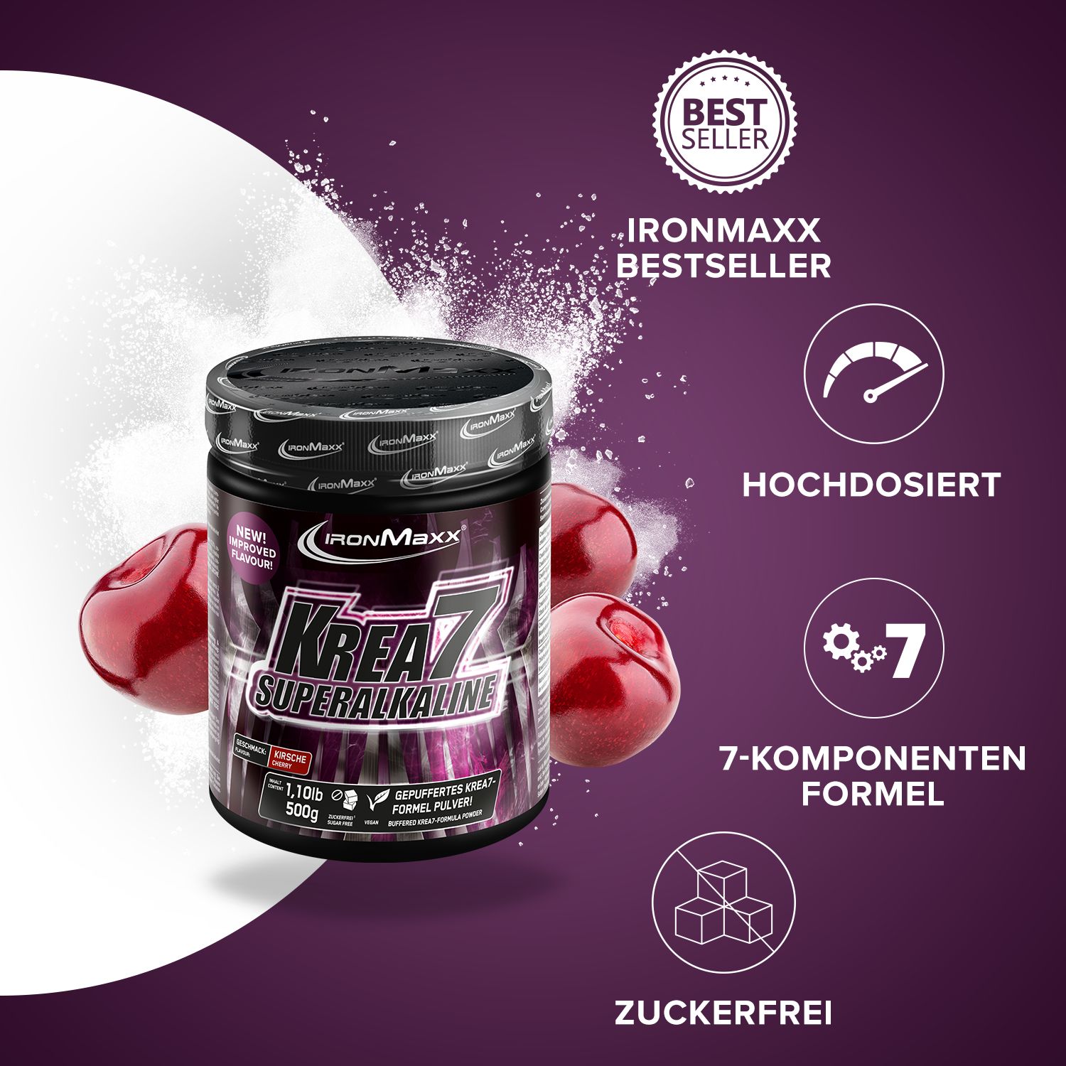 IronMaxx Krea7 Superalkaline Dose mit Kirschen, "Bestseller"-Siegel und Icons.