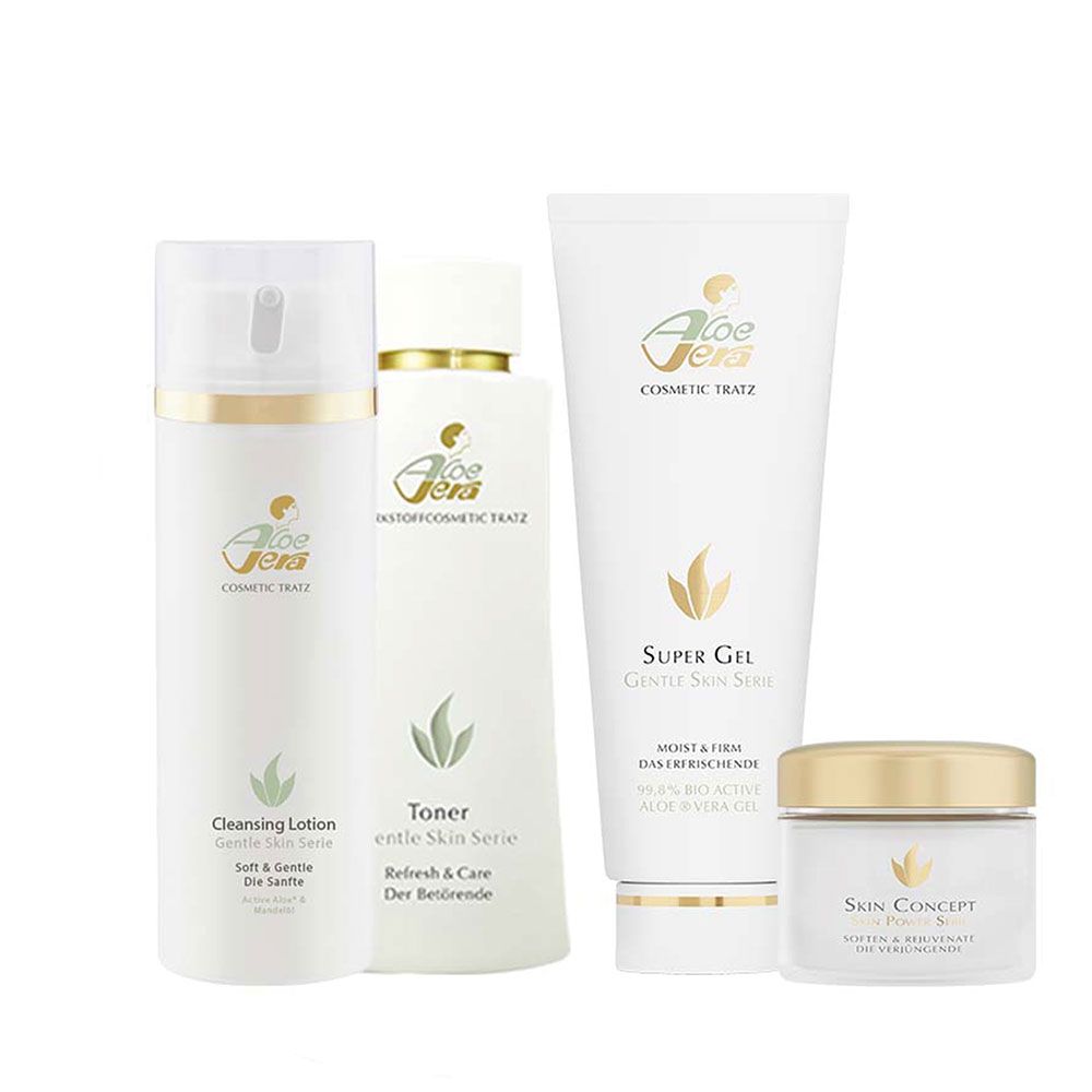Vier weiße Kosmetikprodukte mit goldfarbenen Deckeln und Schriftzügen. Produkte: Reinigungslotion, Toner, Super Gel, Skin Concept Creme. Marke: Aloe Vera Tratz.