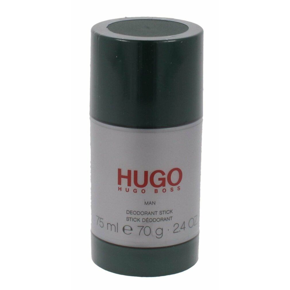 Deodorant-Stick. Grün-silberne Verpackung. Roter Schriftzug HUGO MAN. Text: Deodorant Stick, 75ml-70g-2.4oz.