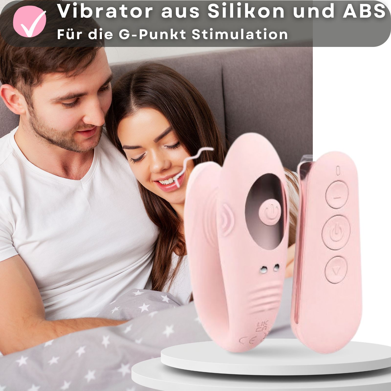 Rosa Partner-Vibrator und Fernbedienung. G-Punkt-Stimulation. Silikon und ABS-Kunststoff.