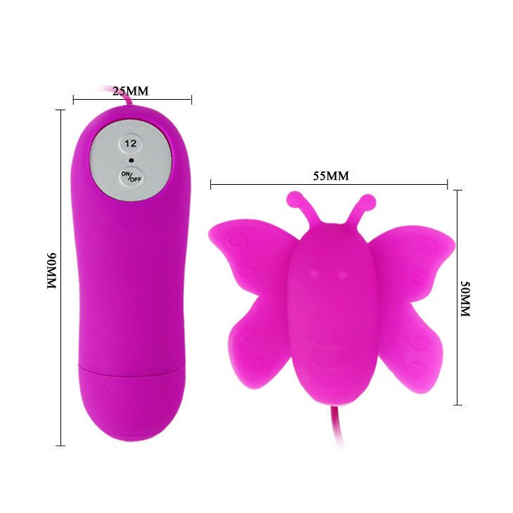 Lila Stimulator mit Schmetterlingsform und Fernbedienung. Abmessungen: 90x55x50mm. Fernbedienung mit 12 Einstellungen.