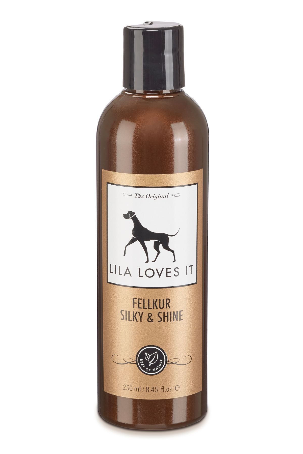 Braune Flasche mit schwarzem Deckel. Etikett mit Logo, Schriftzug "LILA LOVES IT" und "FELLKUR SILKY & SHINE".