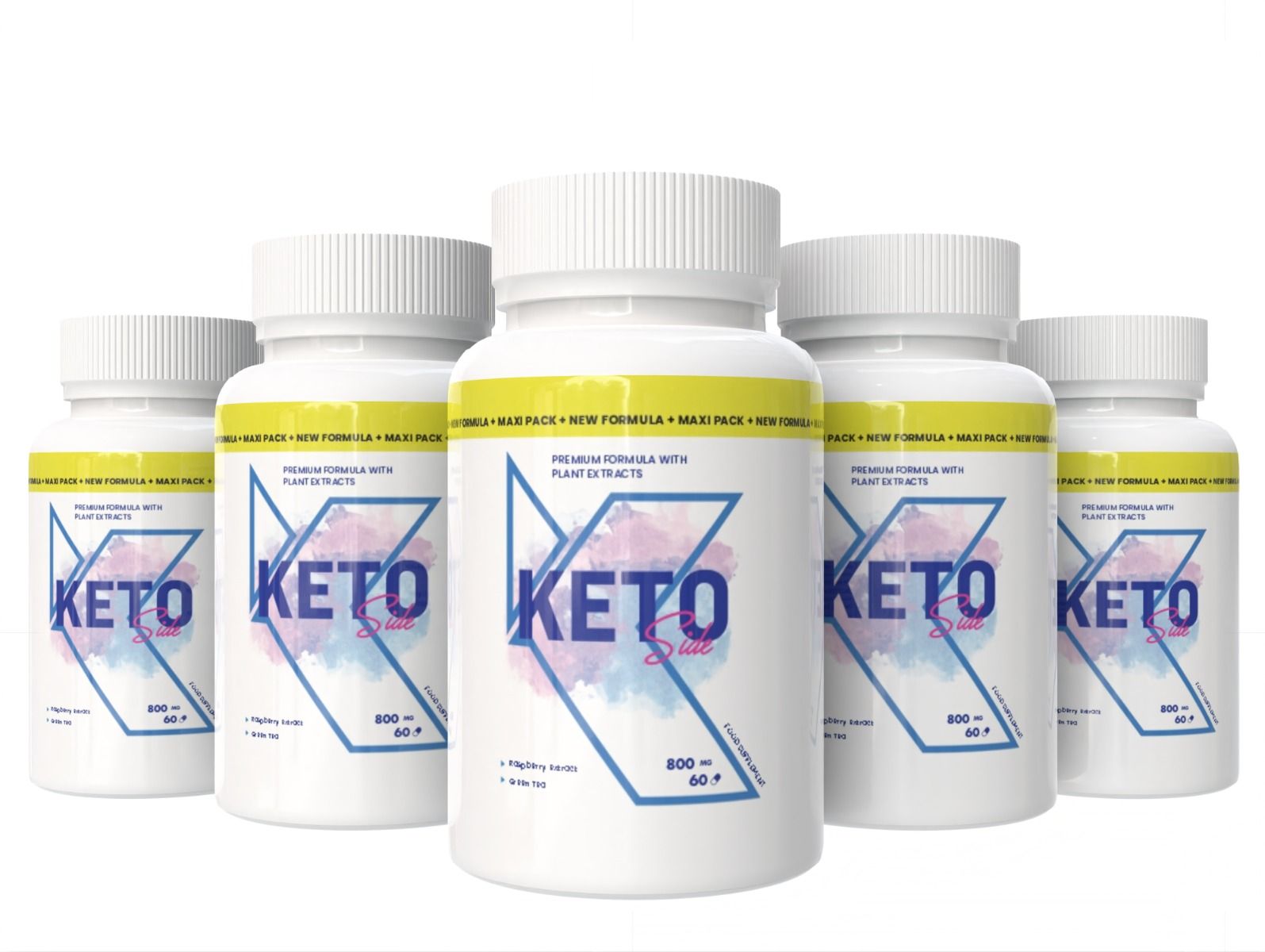 Fünf weiße Flaschen mit KETO Side-Etikett. Enthält 60 Kapseln. Aufschrift: Premiumformel mit Pflanzenextrakten. 800 mg.