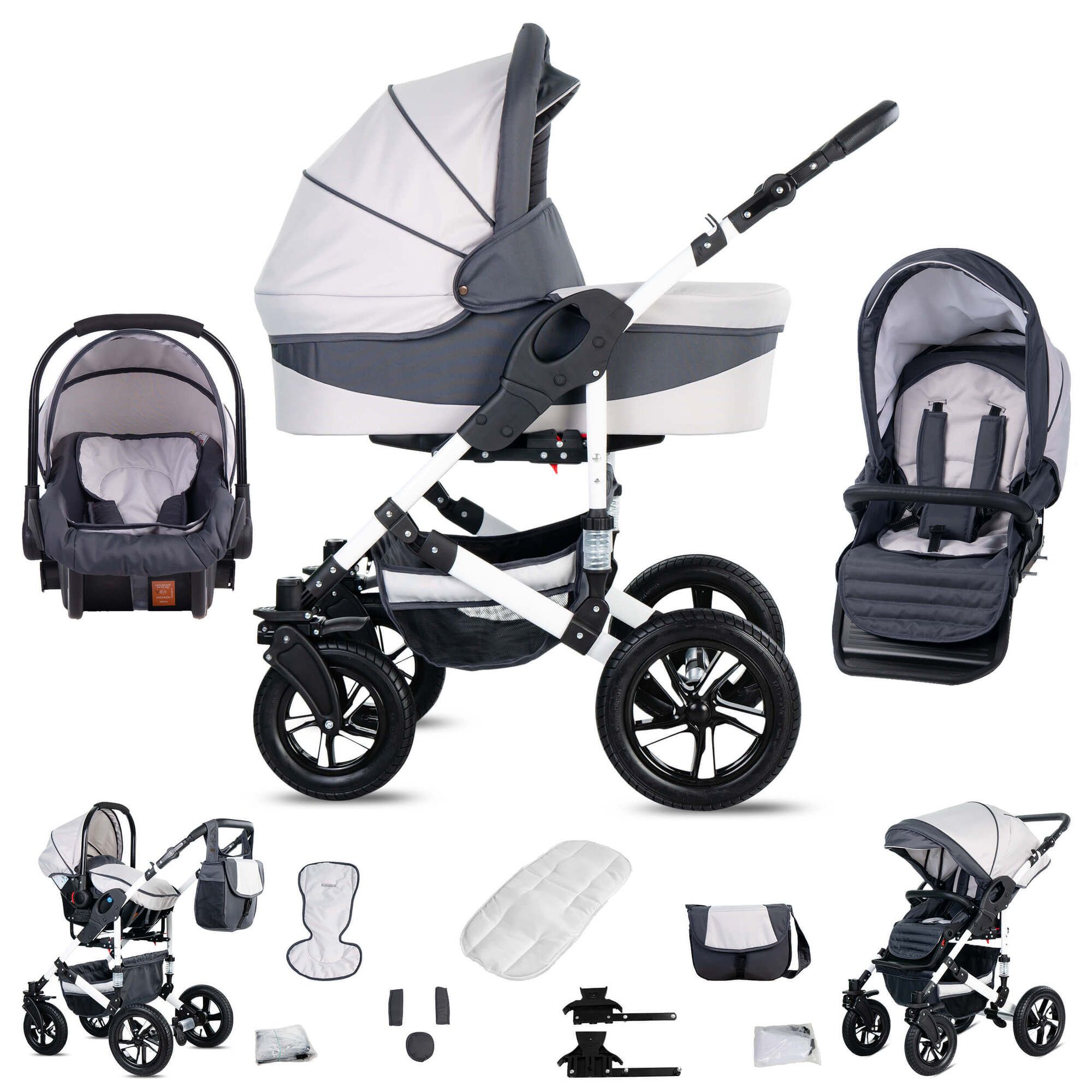 Kinderwagen-Set, weiß-grau, mit Babywanne, Sportsitz, Babyschale und Zubehör. Luftreifen, weißes Gestell.